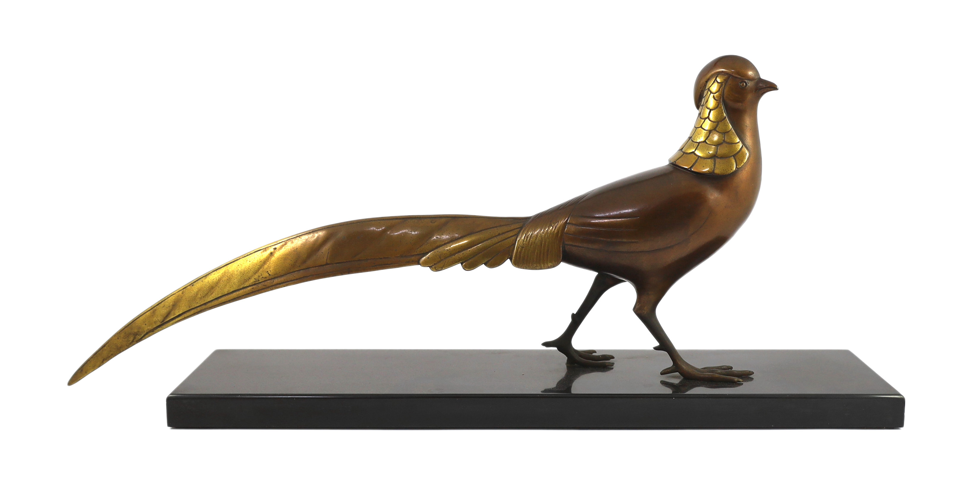 Lorino. An Art Deco bronze model of a golden pheasant, 77cm long, 17cm deep, 33cm high